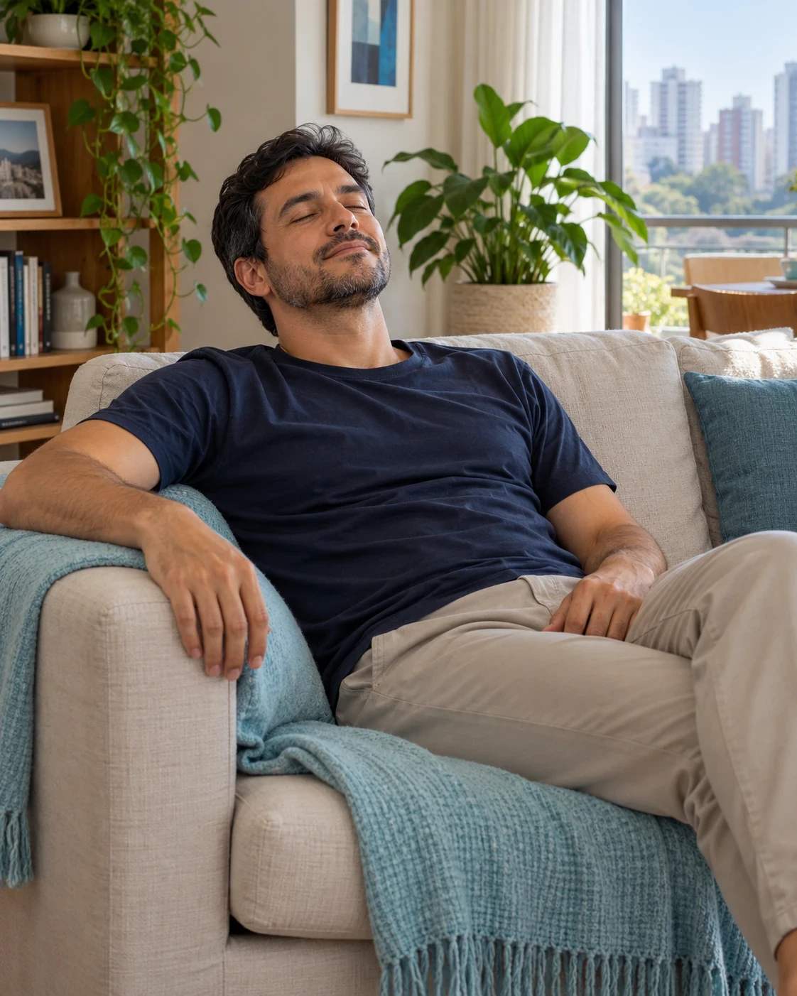 Homem descansando com os olhos fechados em um sofá claro